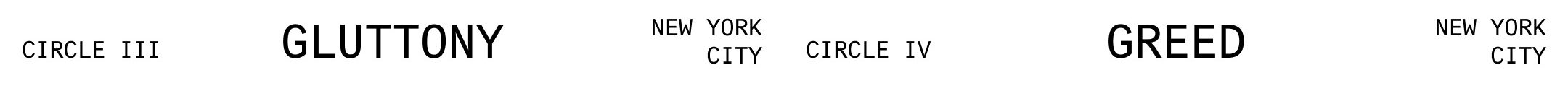 Two graphics depicting Circle III & IV: Gluttony and Greed, New York City