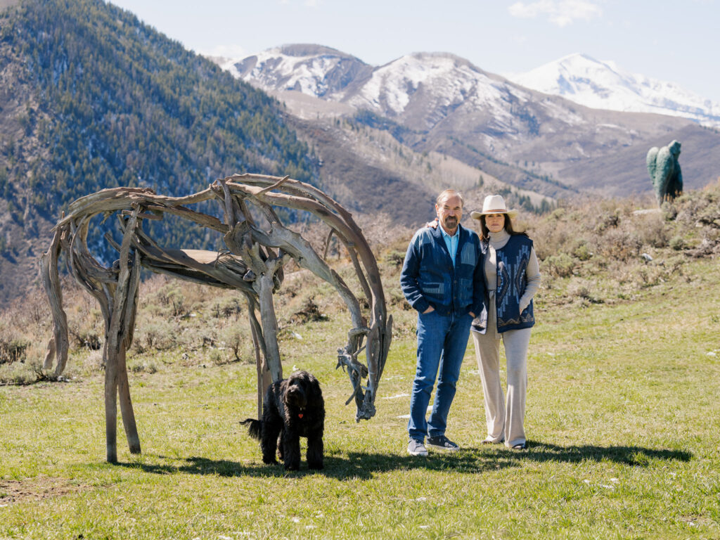 Jorge and Darlene Perez at their home in Aspen with a Butterfield sculpture