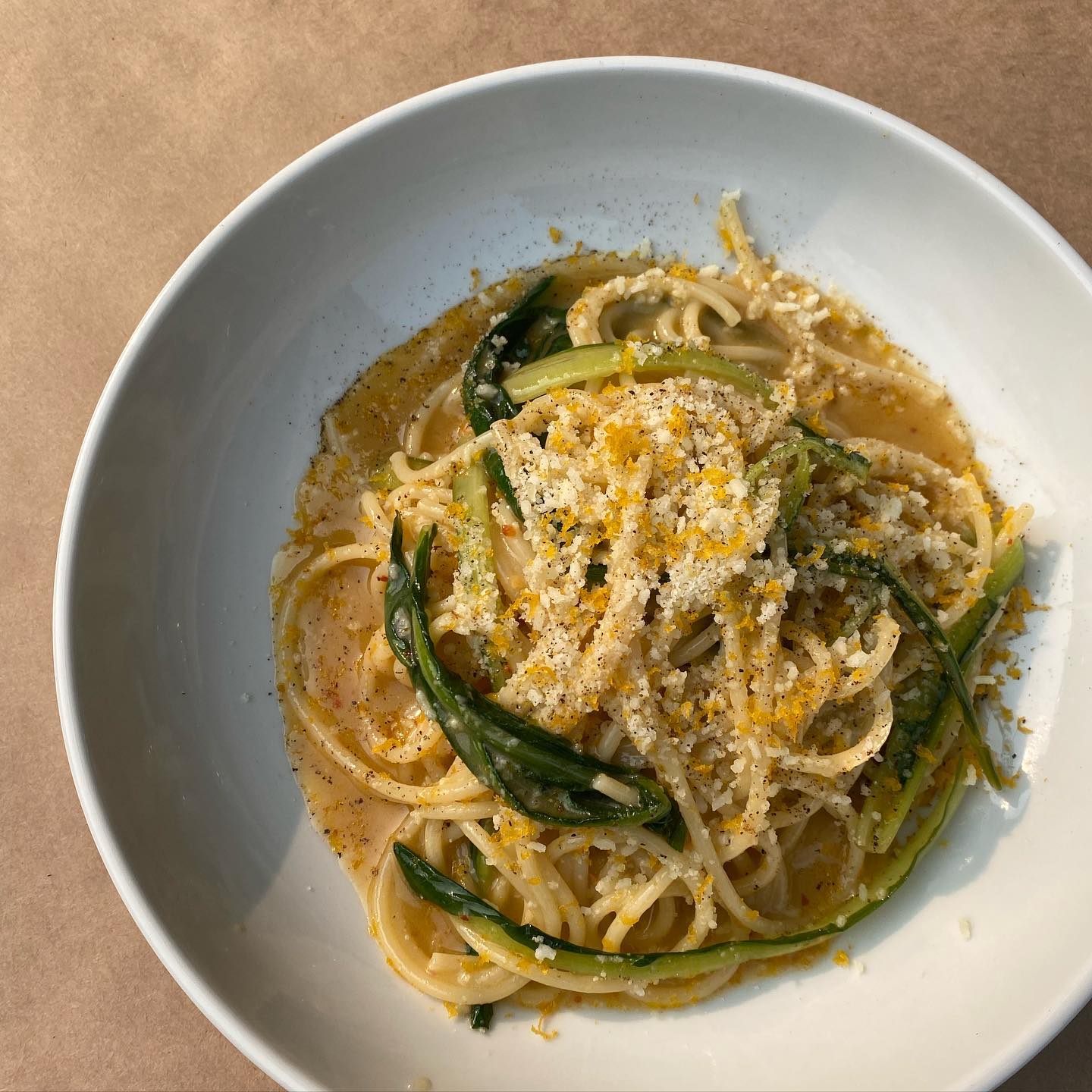 Spaghetti with anchovy and dandelion greens at Borgo