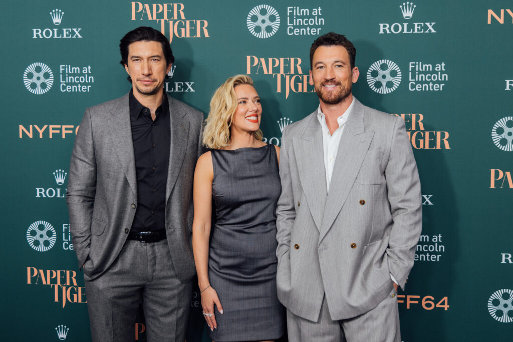 Actor Adam Driver, actor Scarlett Johansson, and actor Miles Teller at the New York Film Festival (NYFF) premiere of the film Paper Tiger.