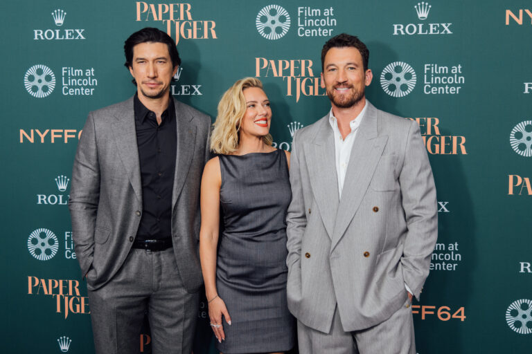 Actor Adam Driver, actor Scarlett Johansson, and actor Miles Teller at the New York Film Festival (NYFF) premiere of the film Paper Tiger.