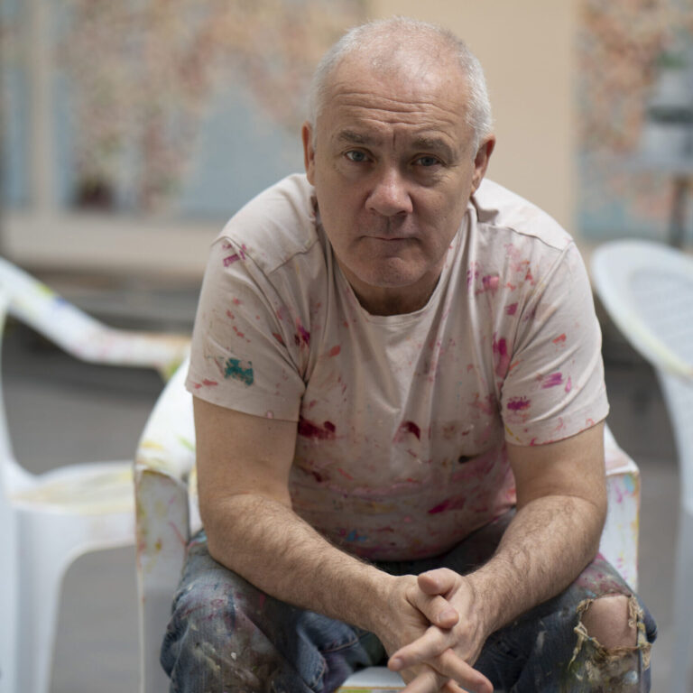 Artist Damien Hirst at Thames Wharf Studio for his collaboration with vintage champagne house Dom Pérignon for their 2026 limited edition series. Image courtesy of Dom Pérignon.